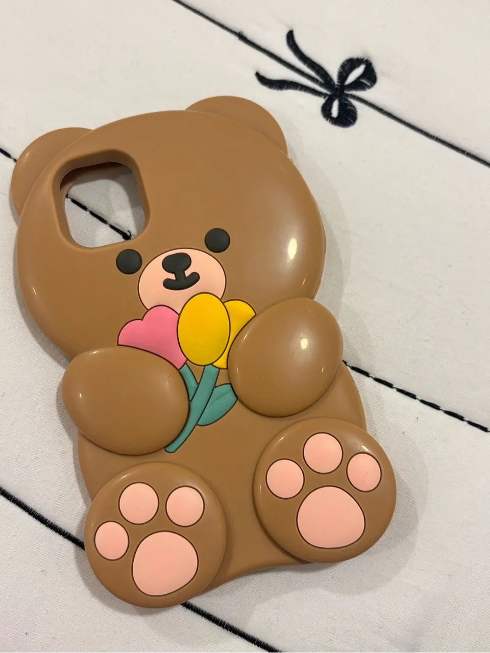 Brown Bear Phone Case with Heart & Flower Details (compatible with i phone 11)